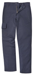 Marineblaue Hose mit Cargotasche, Vorderansicht mit Knopf und Reißverschluss