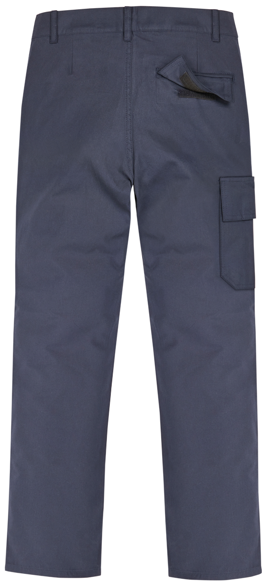 Marineblaue Hose mit Cargotasche, Rückansicht mit aufgesetzter Tasche und Gürtelschlaufen