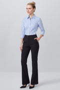Schwarze Damen-Stretchhose mit geradem Bein, Knopf- und Reißverschluss