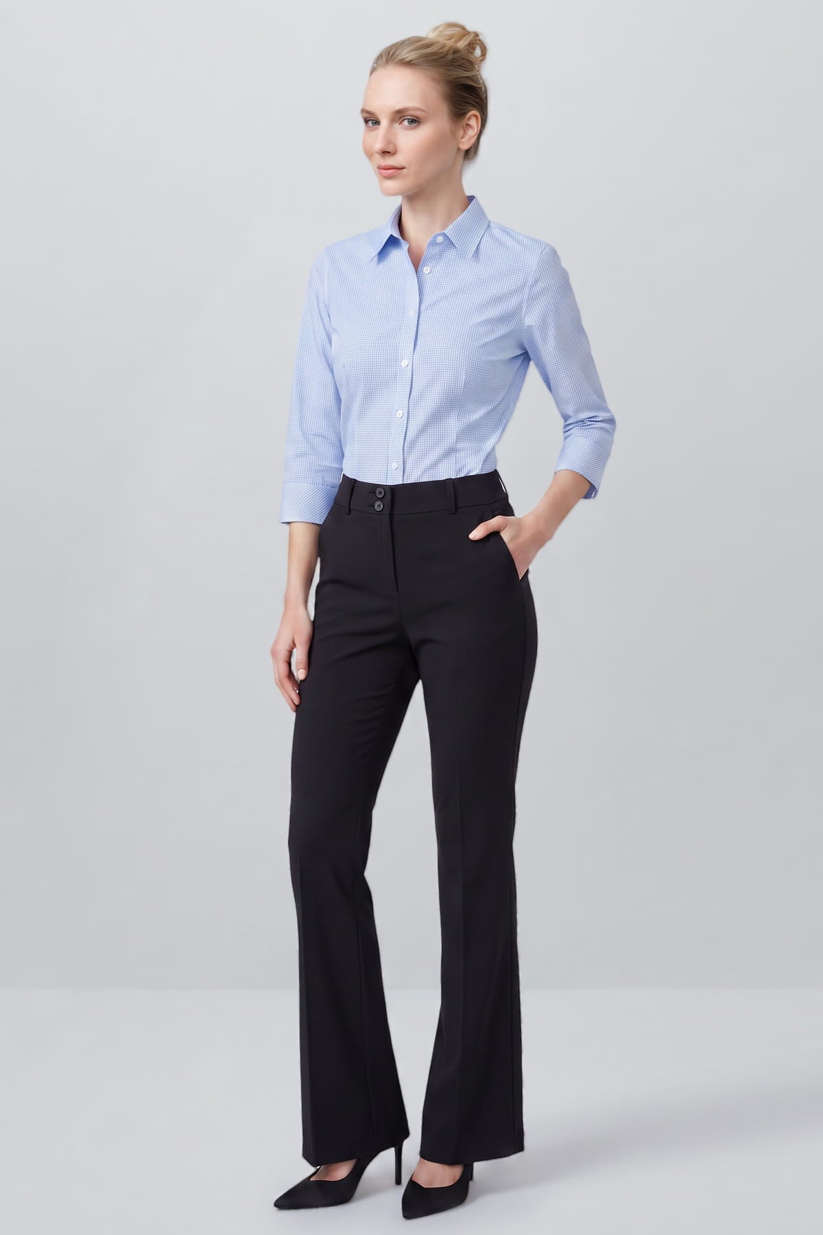 Schwarze Damen-Stretchhose mit geradem Bein, Knopf- und Reißverschluss