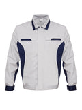 Zweifarbige Bundjacke Hellgrau mit Marineblau, Vorderansicht, Umlegekragen und Taschen