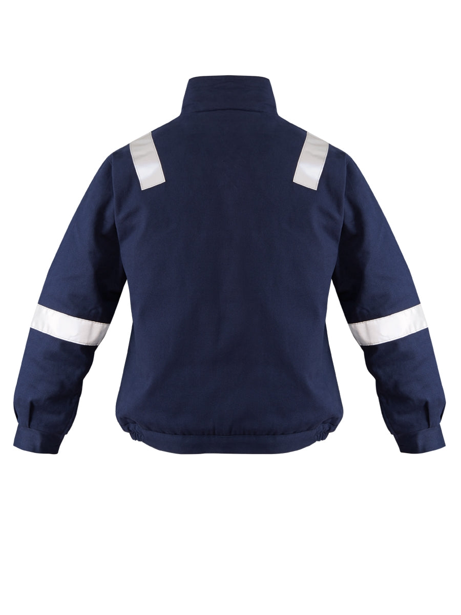 Winterjacke ISMONT Rückansicht in Marineblau mit Reflexstreifen an den Ärmeln