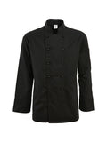 Schwarze Kochjacke mit doppelreihiger Knopfleiste und Stehkragen