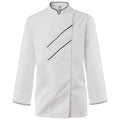 Weiße Damenkochjacke mit Stehkragen und diagonalen schwarzen Ziernähten