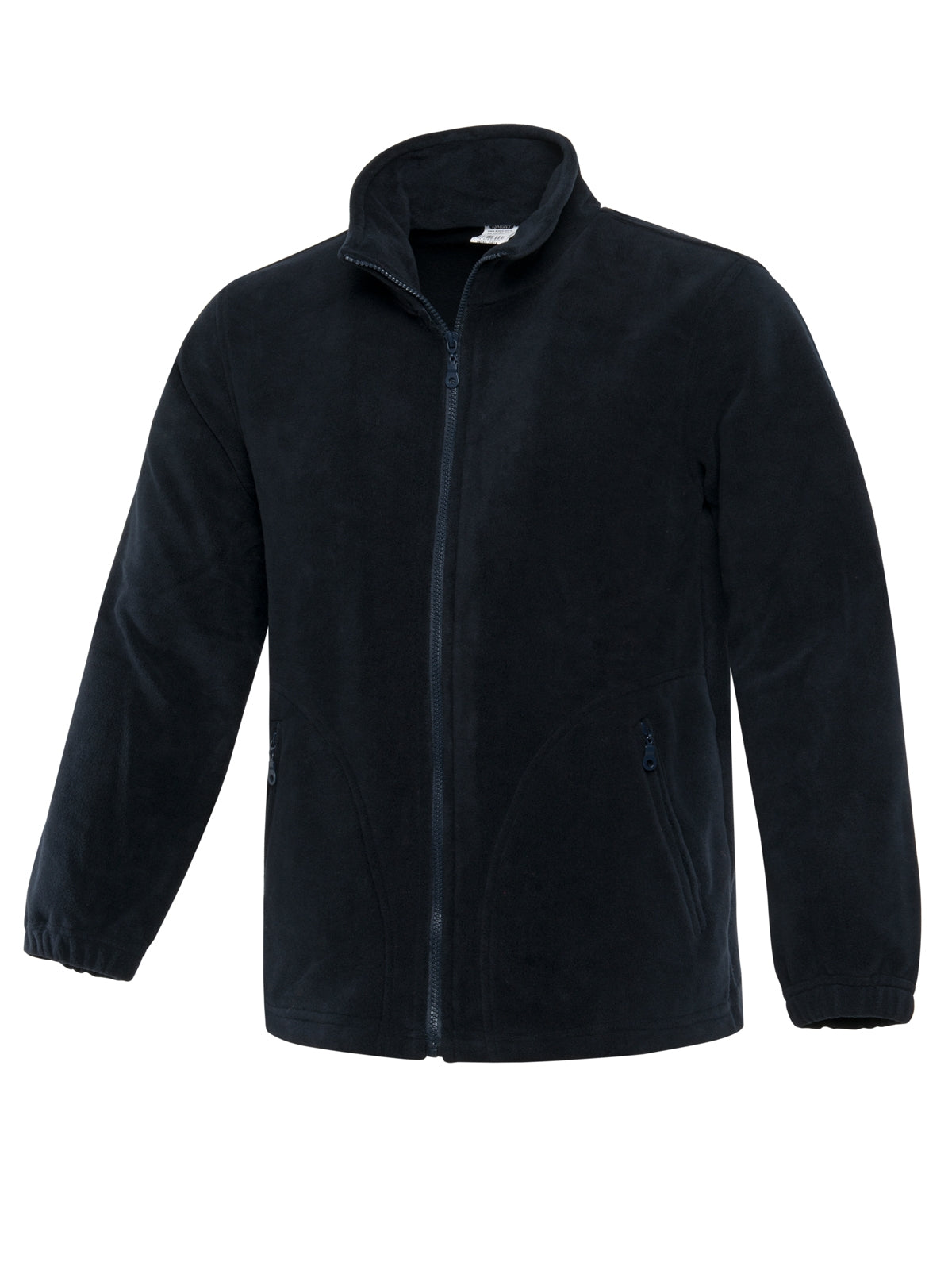 Dunkle Fleecejacke mit Stehkragen und Reißverschluss, seitlichen Taschen