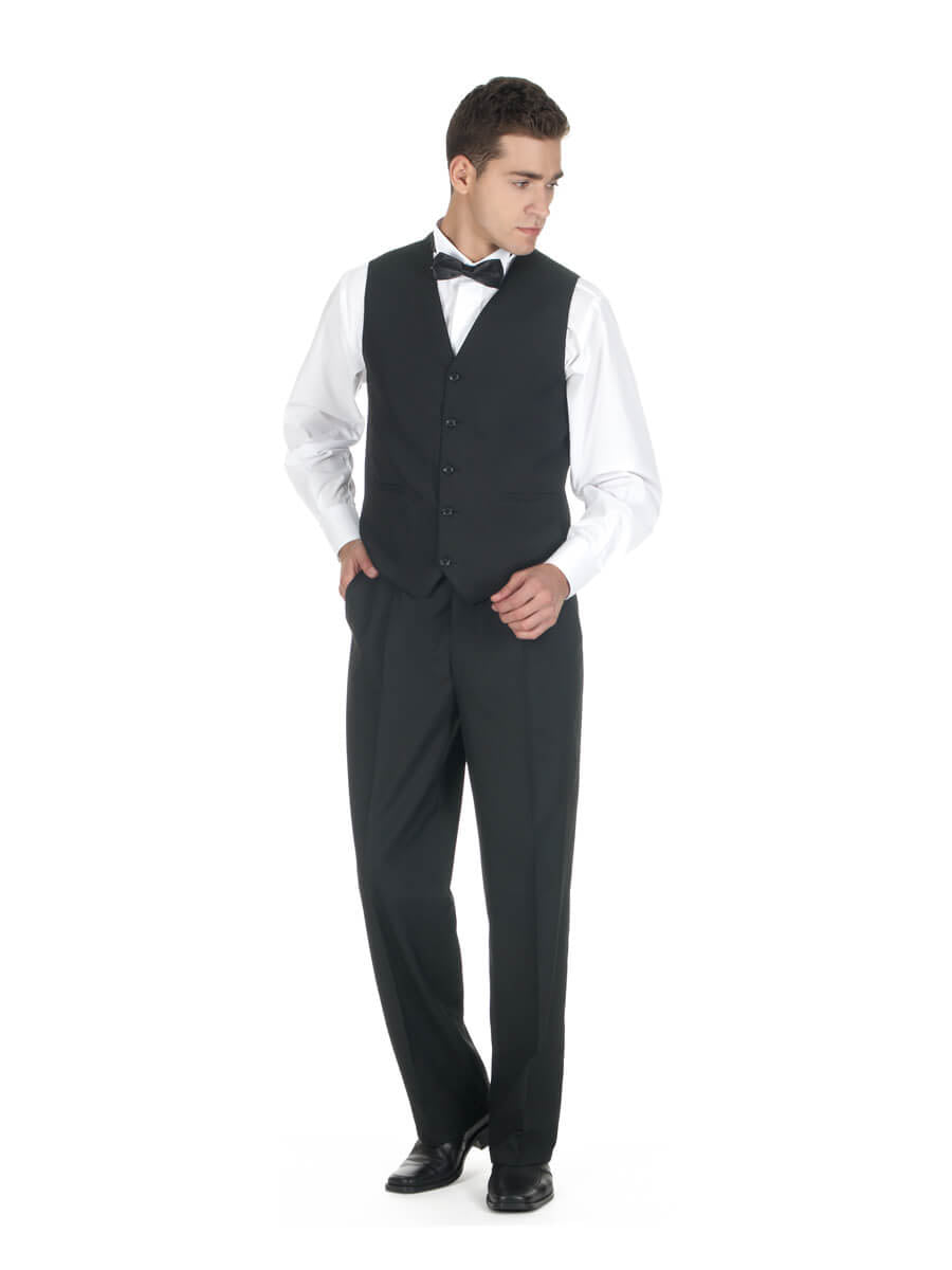 Schwarze Weste als Outfit-Teil mit Hemd und Fliege, taillierter Schnitt