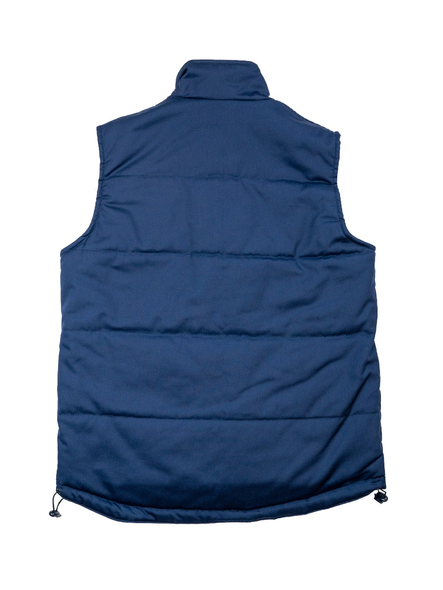 Funktionsweste marineblau, Rückansicht mit Stehkragen und Kordelzug am Saum