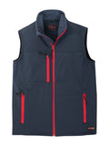 Marineblaue Softshell-Weste mit Stehkragen, durchgehendem Reißverschluss und roten Akzenten.