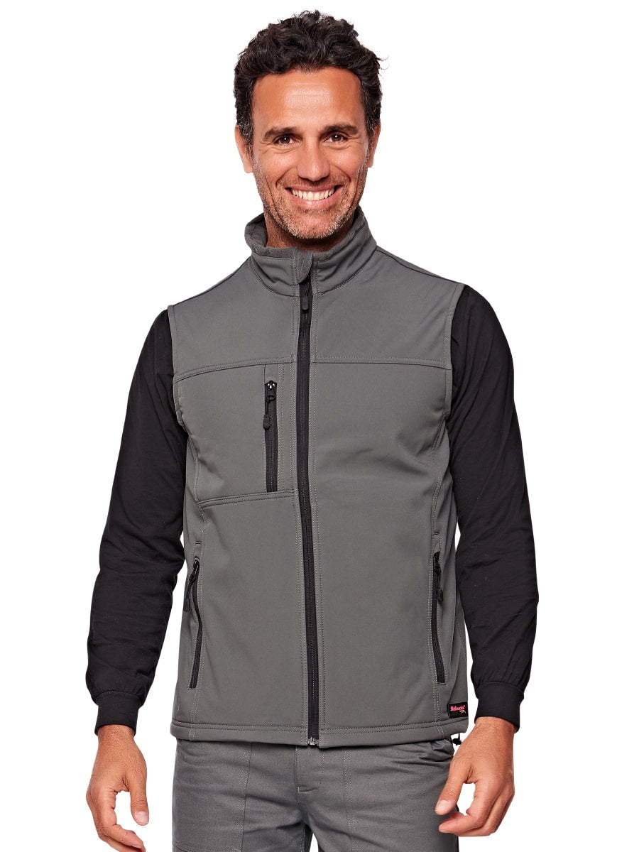 Softshell-Weste grau mit durchgehendem Reißverschluss, Stehkragen und Logo-Badge am Saum