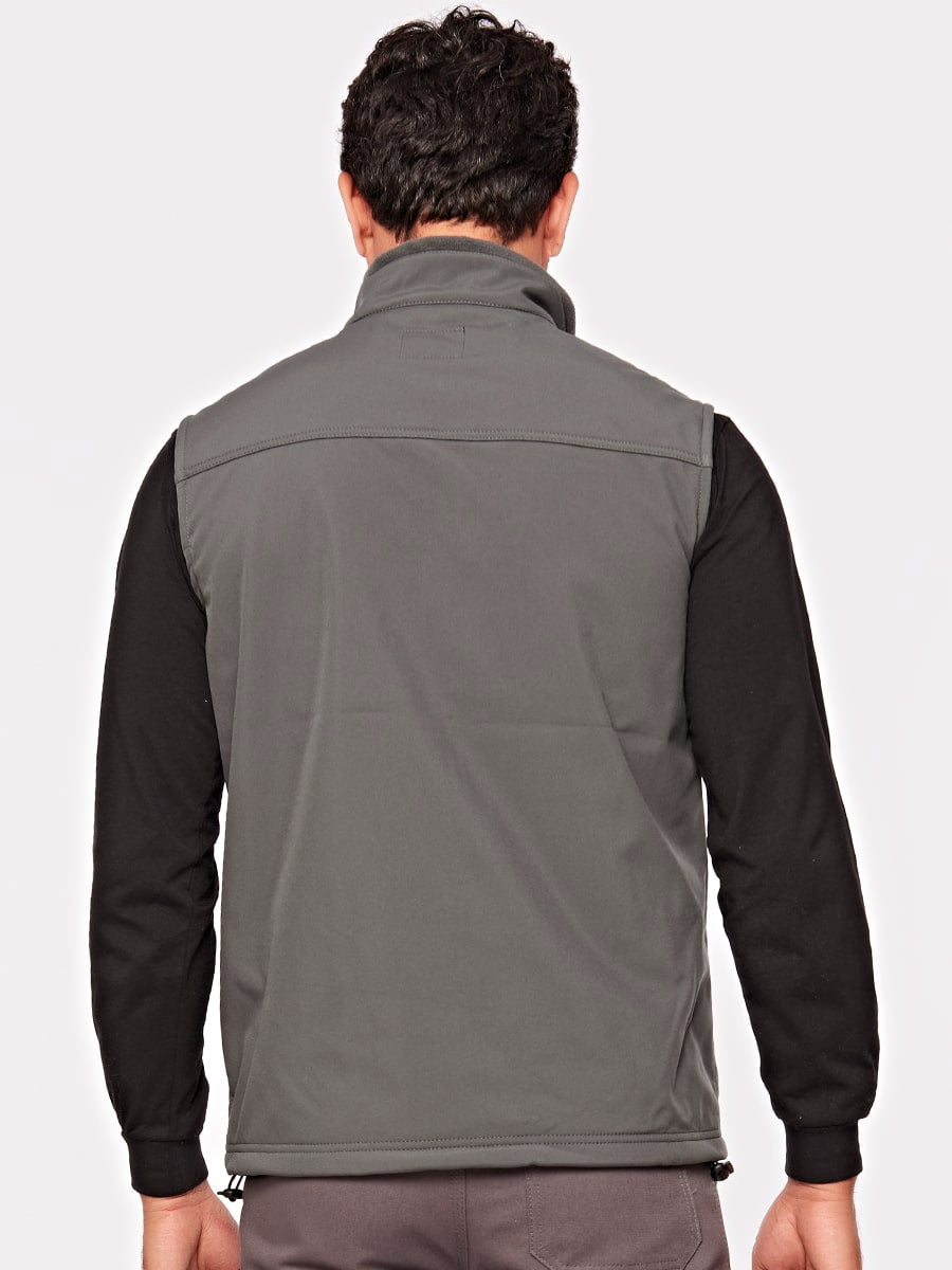 Softshell-Weste Rückansicht in grau mit Steppbereich und durchgehendem Reißverschlussband
