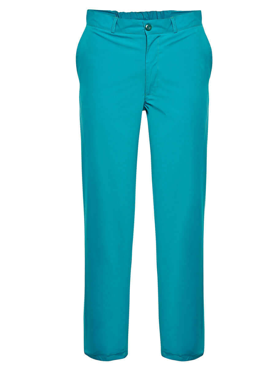 Türkisfarbene OP-Hose mit Gummibund, Knopfverschluss und Taschen