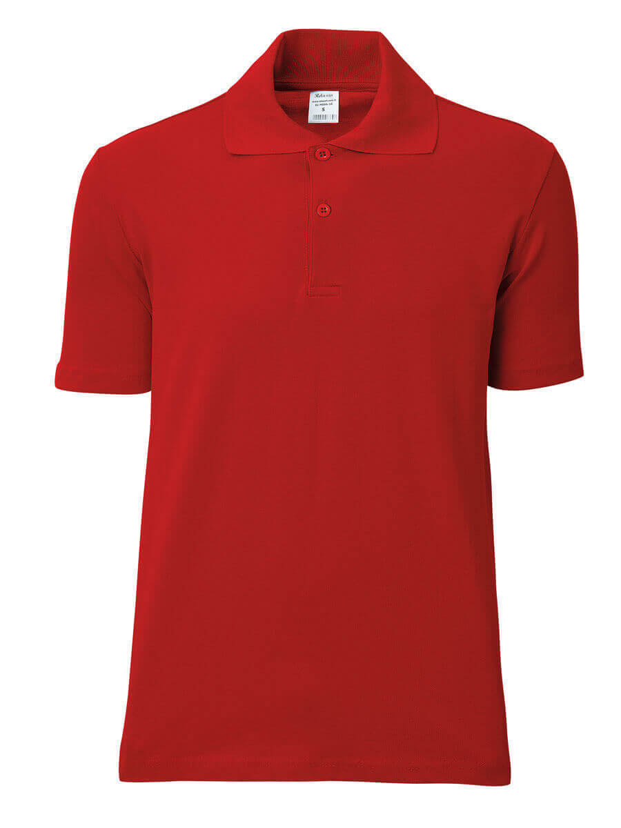 Rotes Polohemd mit kurzem Ärmel, Knopfleiste und Polokragen.
