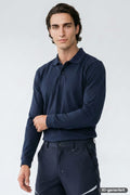 Langarm-Poloshirt in marineblau mit Kragen und Knopfleiste