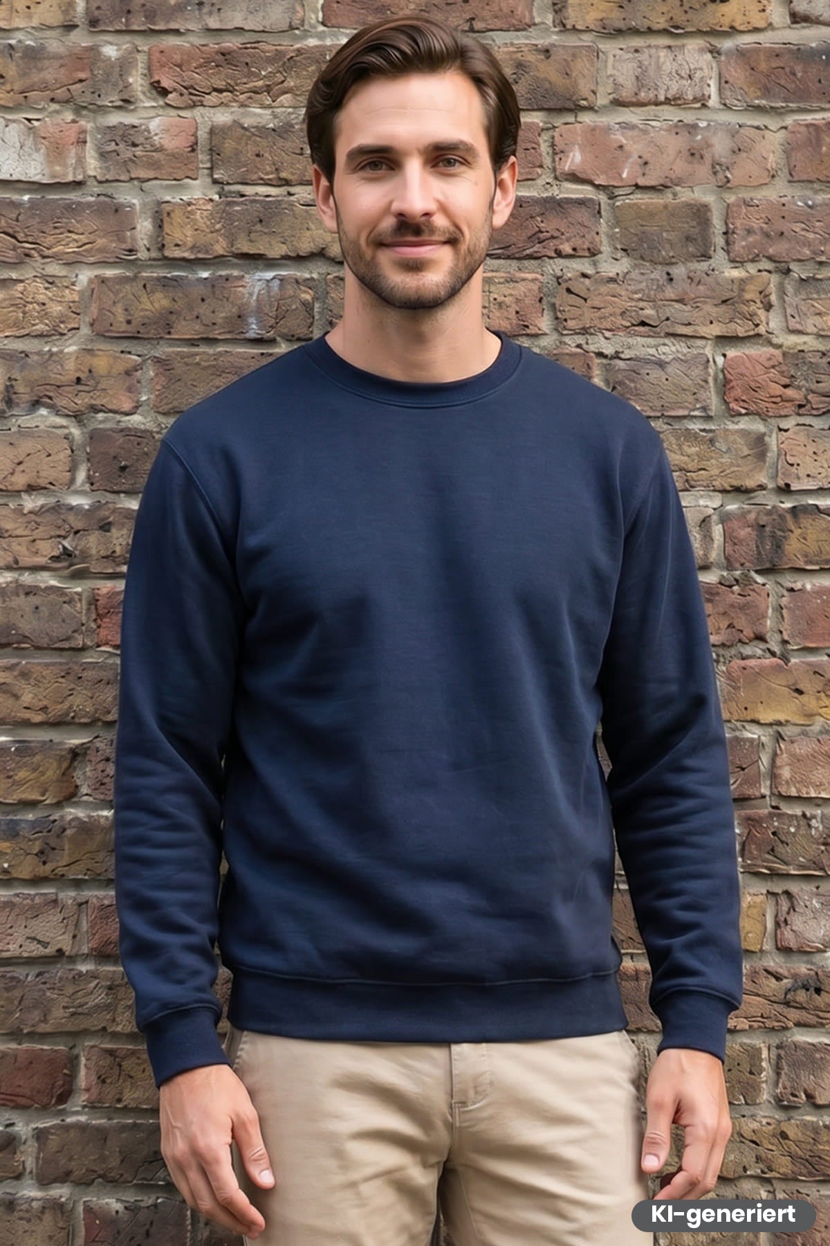 Marineblaues Rundhals-Sweatshirt mit langen Ärmeln, geripptem Saum und Bündchen