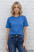 Damen T-Shirt in Kornblau mit Rundhalsausschnitt und kurzen Ärmeln
