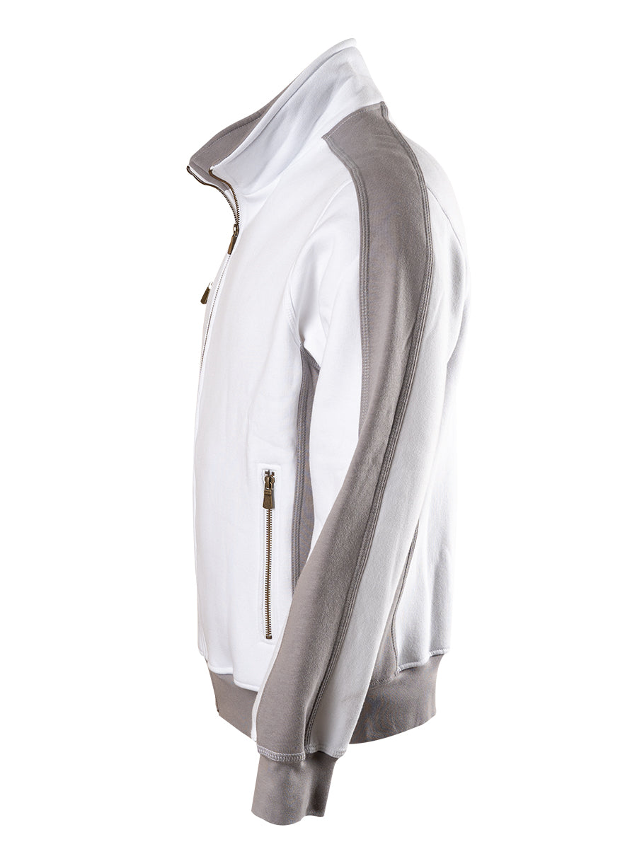 Sweatjacke seitliche Ansicht mit Reißverschlussleiste und grauem Kontrast, grau-weiß