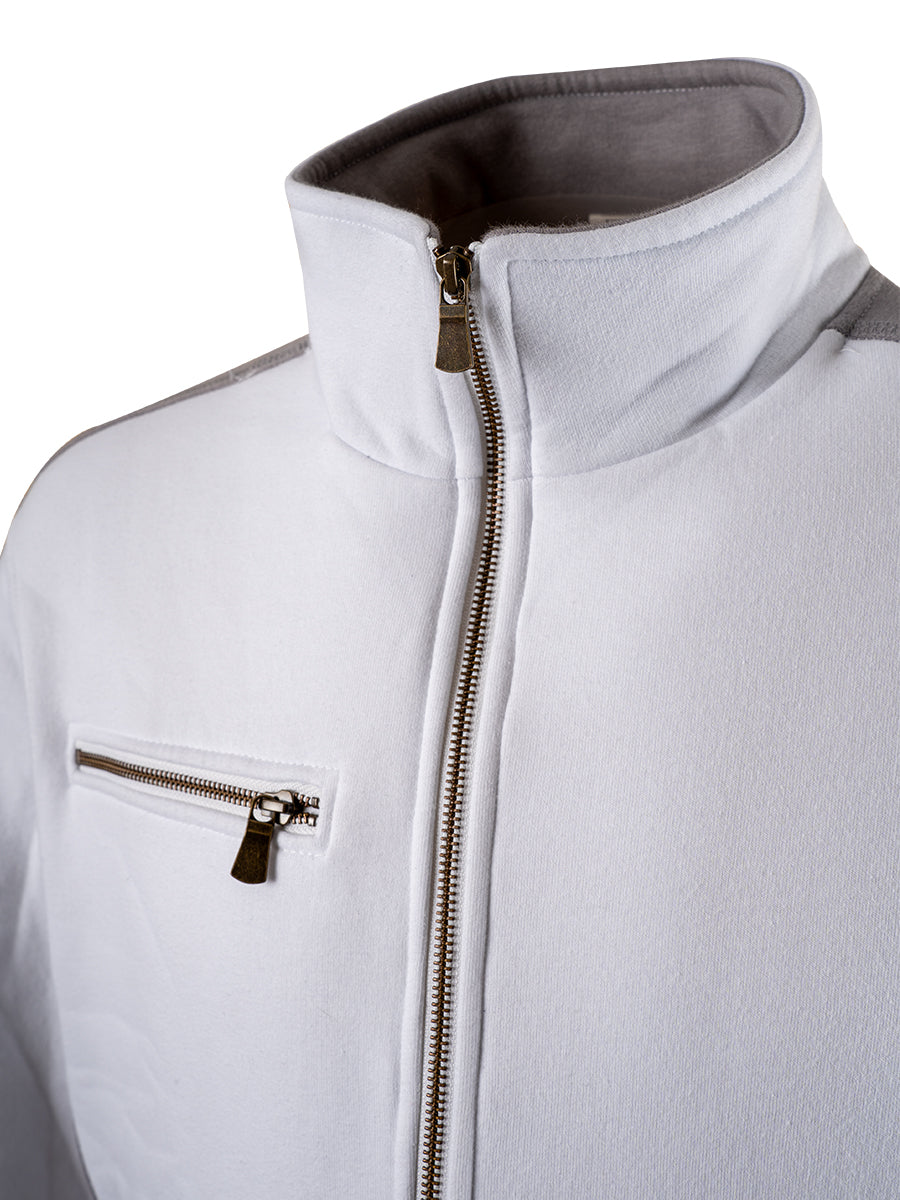 Sweatjacke Detail: Stehkragen, Metallreißverschluss und Brusttasche mit Zipper