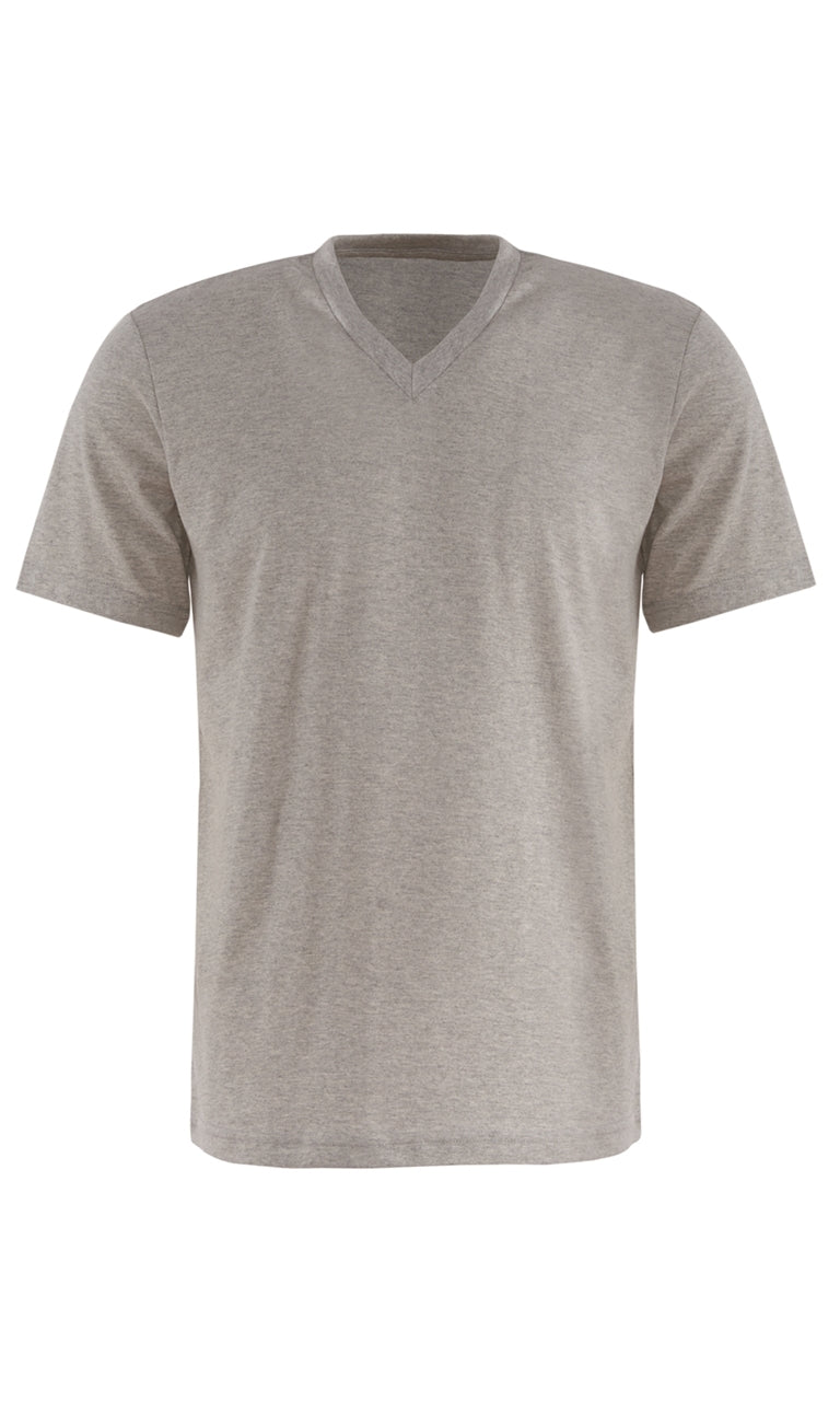 Graues T-Shirt mit V-Ausschnitt, kurze Ärmel, gerade Passform.