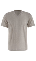 Graues T-Shirt mit V-Ausschnitt, kurze Ärmel, gerade Passform.