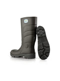 Sicherheitsstiefel mit Stahlkappe, dunkle Gummistiefel mit Profilsohle und sichtbarer Außenseite