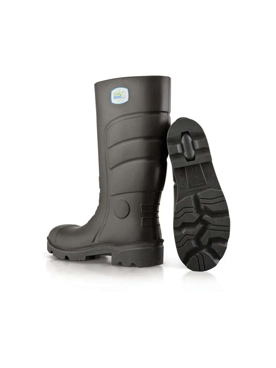Sicherheitsstiefel mit Stahlkappe, dunkle Gummistiefel mit Profilsohle und sichtbarer Außenseite