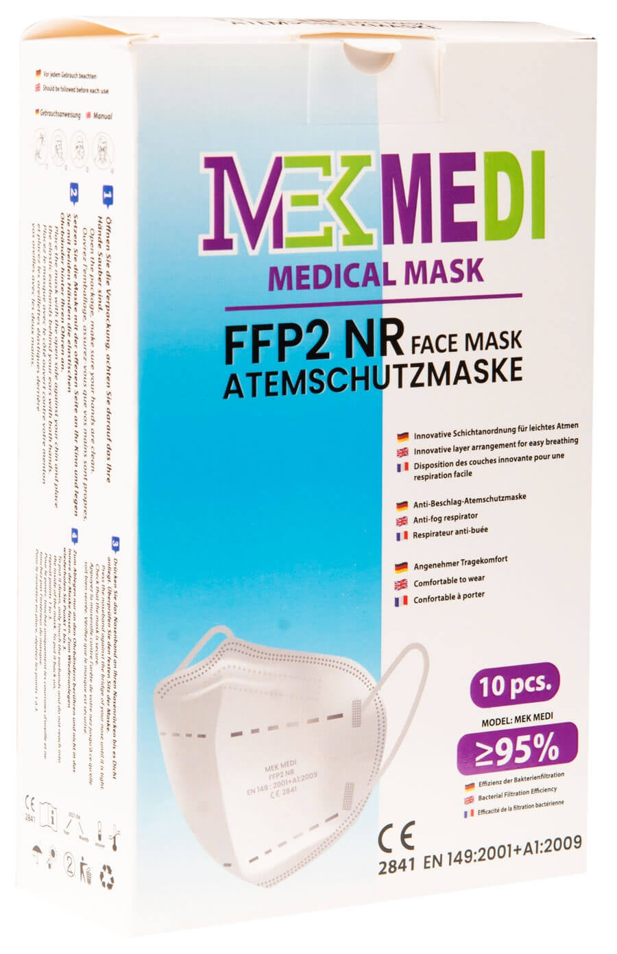 FFP2-NR Atemschutzmaske im Karton, 10er-Pack mit weißer Maske