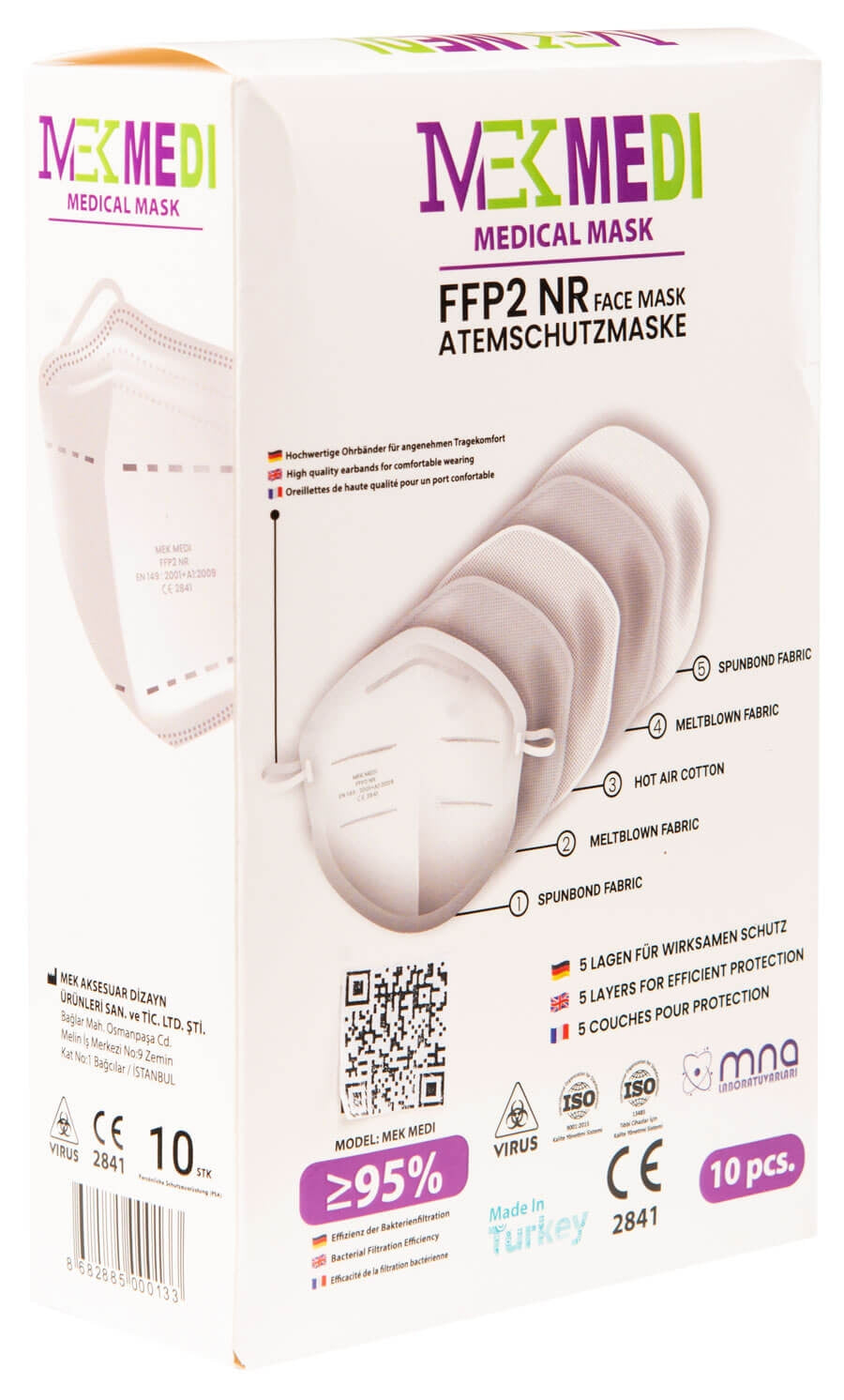 FFP2-NR Atemschutzmaske im Umkarton, Detail mit QR-Code und 10er-Angabe