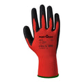 Handschuh aus rotem PU-Schaum mit schwarzer Handfläche und grüner Bündchenmanschette
