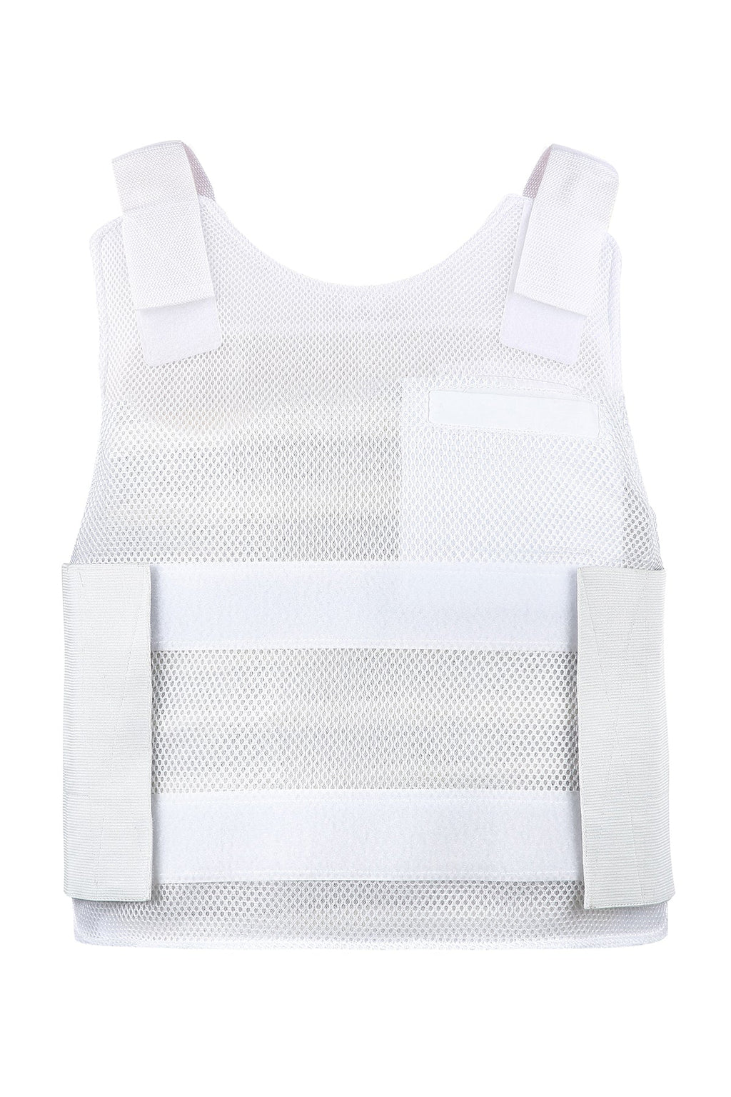 Weiße Stichschutzweste mit breitem Frontpanel und Klettlaschen an den Trägern