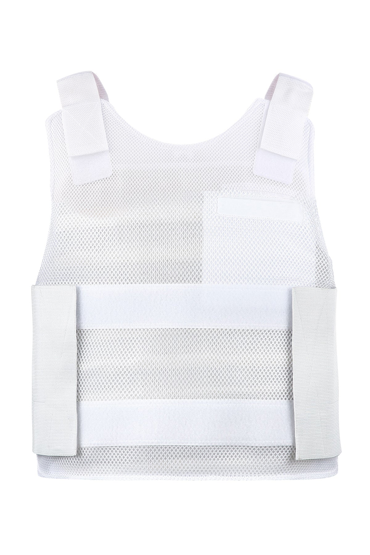 Weiße Stichschutzweste mit breitem Frontpanel und Klettlaschen an den Trägern