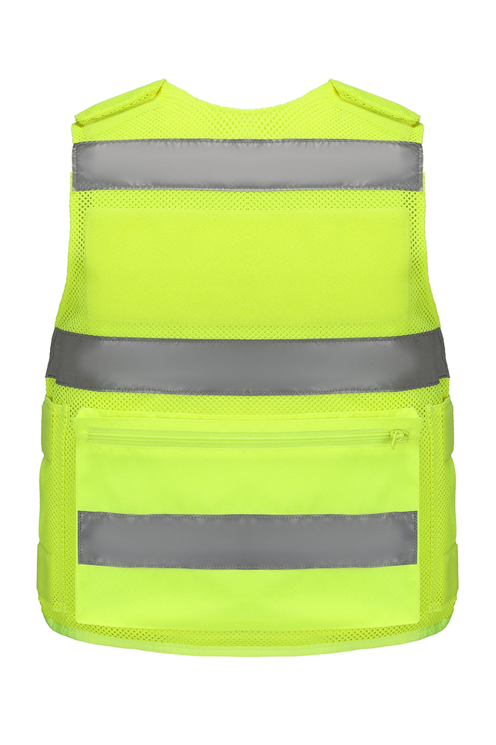 Warnweste Neon-Gelb mit breitem Reflexband und Rückentasche, silberne Streifen