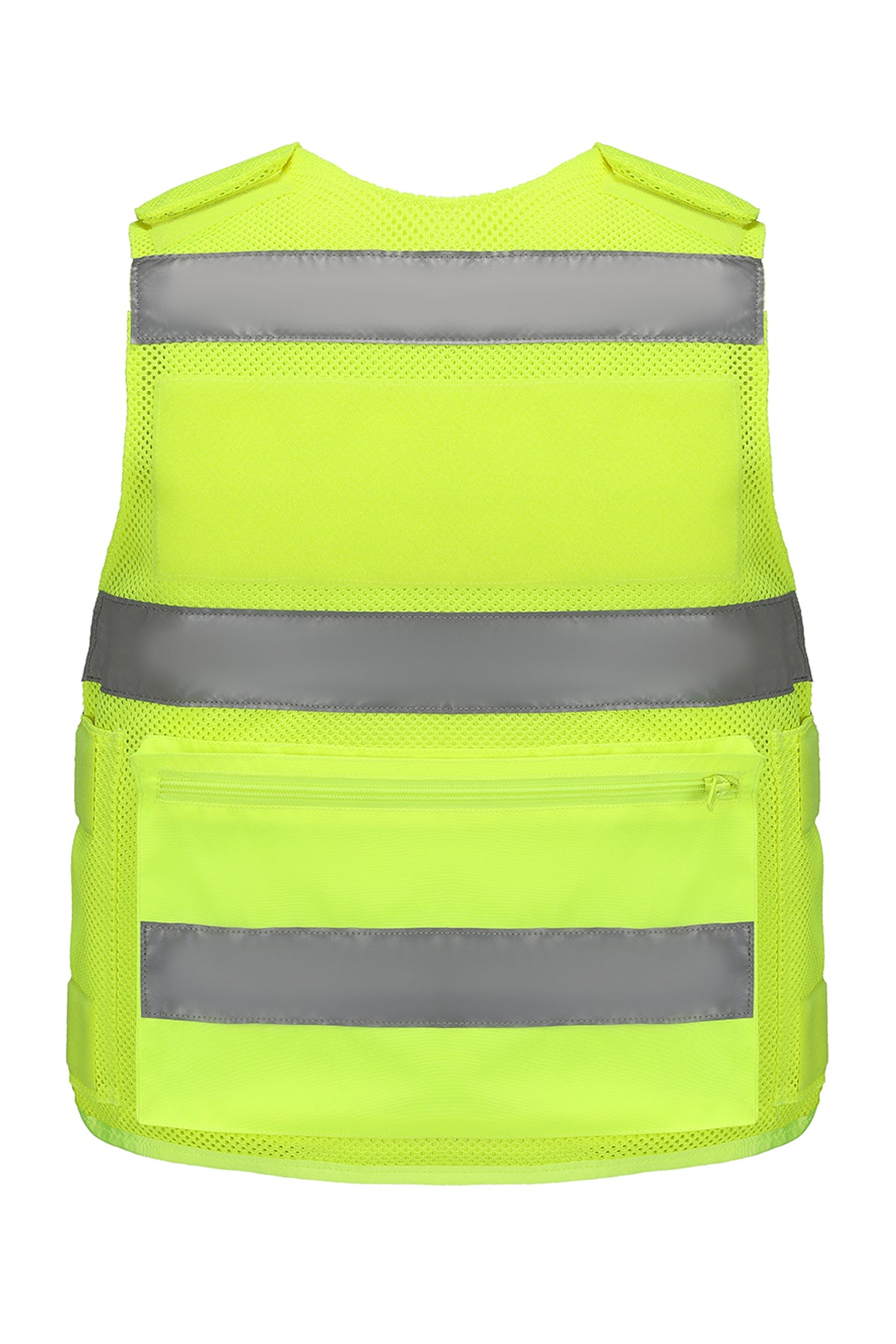 Warnweste Neon-Gelb mit breitem Reflexband und Rückentasche, silberne Streifen