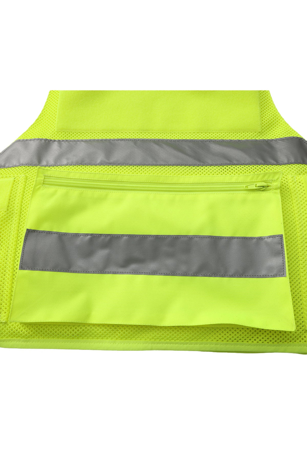 Warnweste Neon-Gelb mit silbernem Reflexband und rückseitiger Verschluss-Tasche