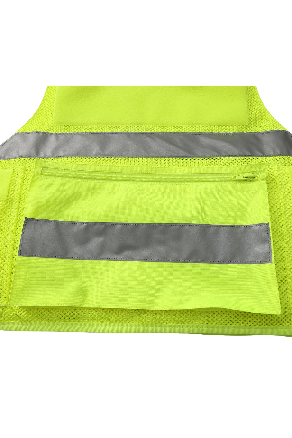 Warnweste Neon-Gelb mit silbernem Reflexband und rückseitiger Verschluss-Tasche