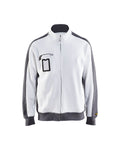 Weiß-graue Pulloverjacke mit kurzem Stehkragen, durchgehendem Reißverschluss und Rippbündchen