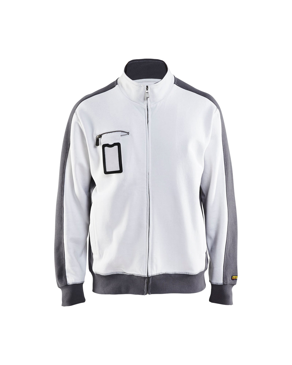 Weiß-graue Pulloverjacke mit kurzem Stehkragen, durchgehendem Reißverschluss und Rippbündchen