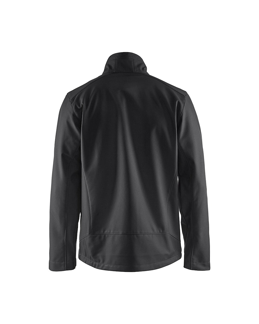 Rückansicht: schwarze Softshelljacke mit Stehkragen und durchgehendem Reißverschluss
