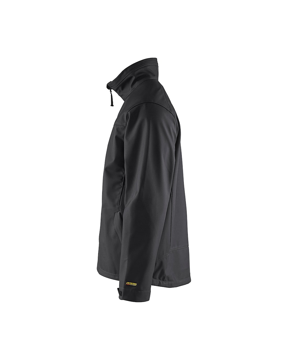Schwarze Softshelljacke mit Stehkragen und Ärmelansicht, Logo-Detail am Saum