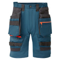 Blaue Shorts mit abnehmbaren Holstertaschen, grauen Einsätzen und orangefarbenem Reißverschluss