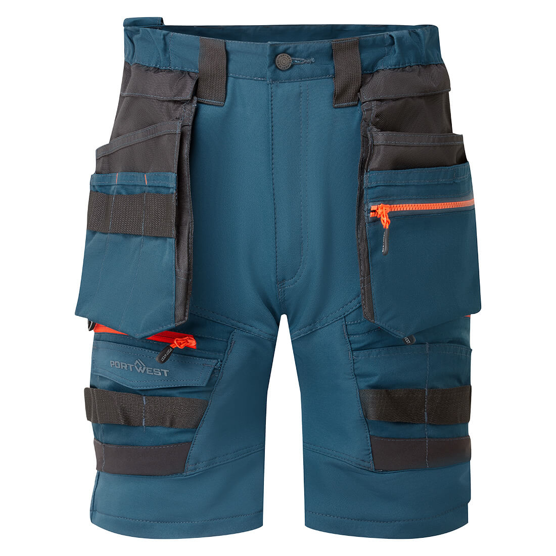 Blaue Shorts mit abnehmbaren Holstertaschen, grauen Einsätzen und orangefarbenem Reißverschluss