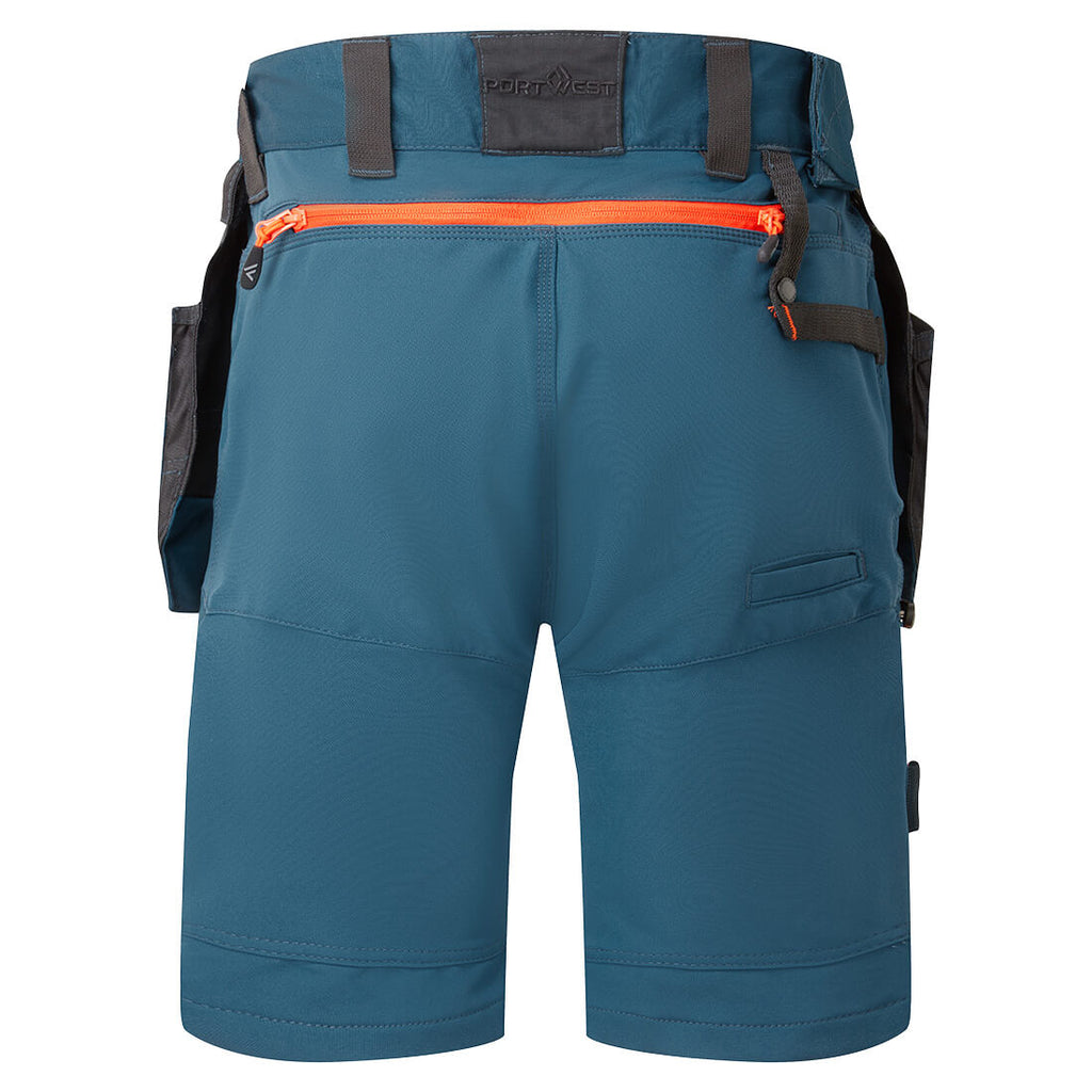Blaue Arbeits-Shorts mit abnehmbaren Holstertaschen und sichtbaren Taschenklappen
