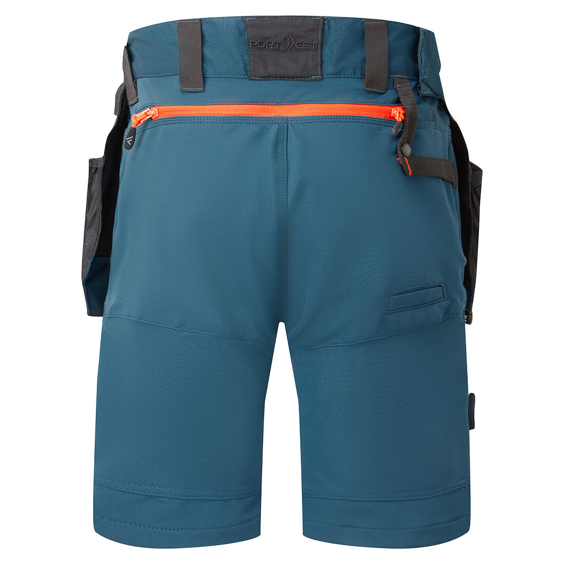 Blaue Arbeits-Shorts mit abnehmbaren Holstertaschen und sichtbaren Taschenklappen