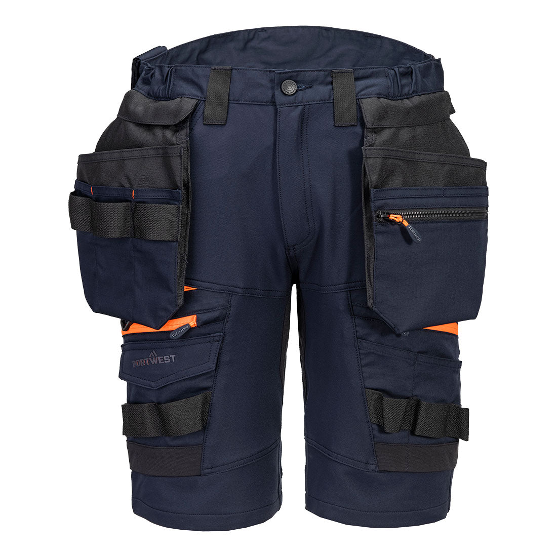 Dunkelblaue Holster-Shorts mit abnehmbaren Taschen, Knopfverschluss und breiten Gürtelschlaufen