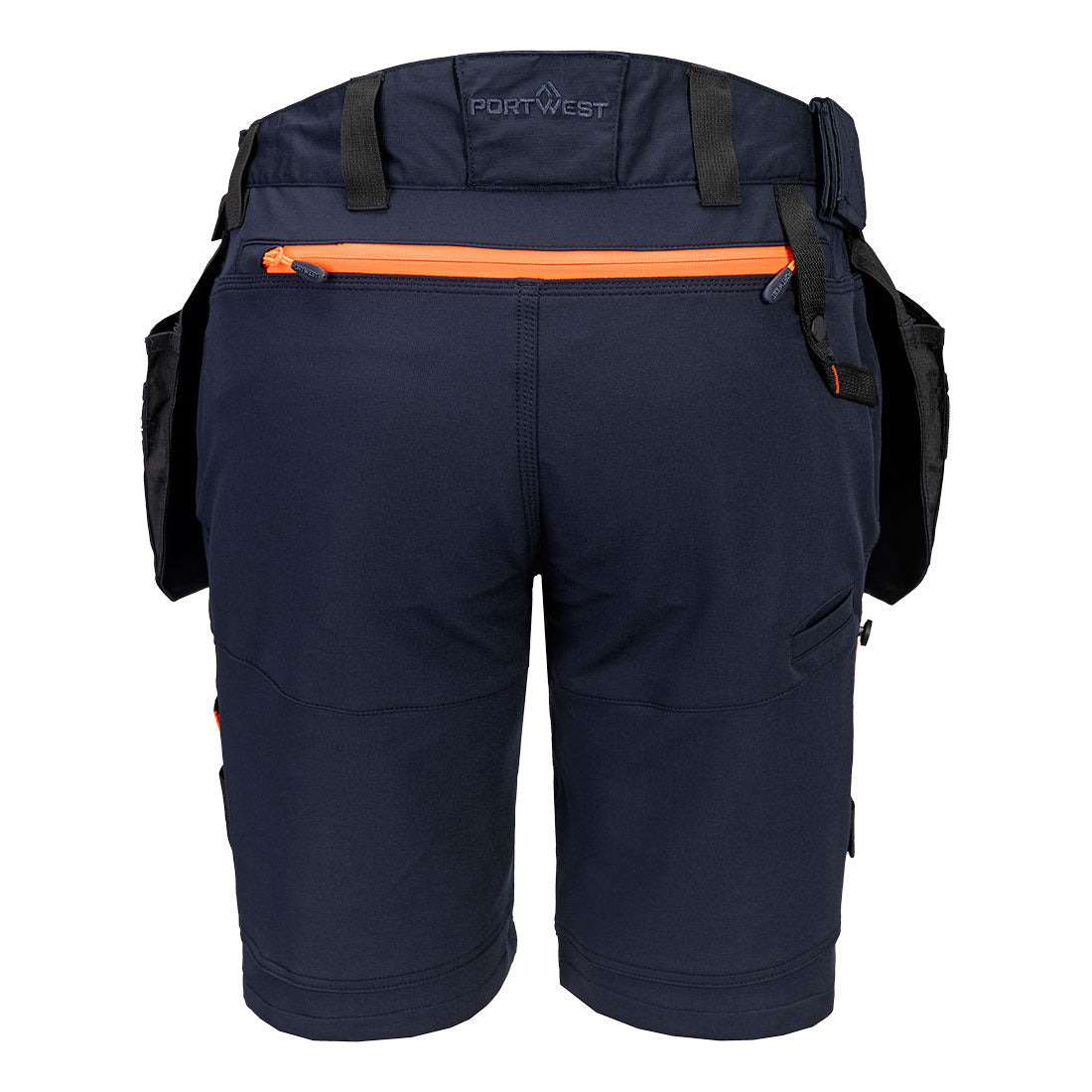 Dunkelblaue Workwear-Shorts mit PORTWEST-Label, orangefarbenem Reißverschluss und Rückentaschen