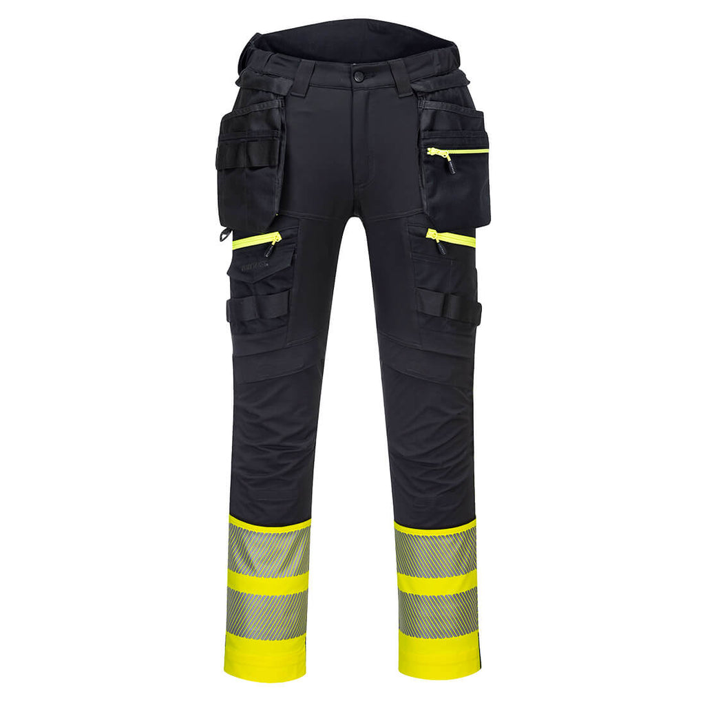 Warnschutzhose, schwarz mit gelben Reflektorstreifen und seitlichen Taschen