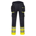 Warnschutzhose, schwarz mit gelben Reflektorstreifen und seitlichen Taschen