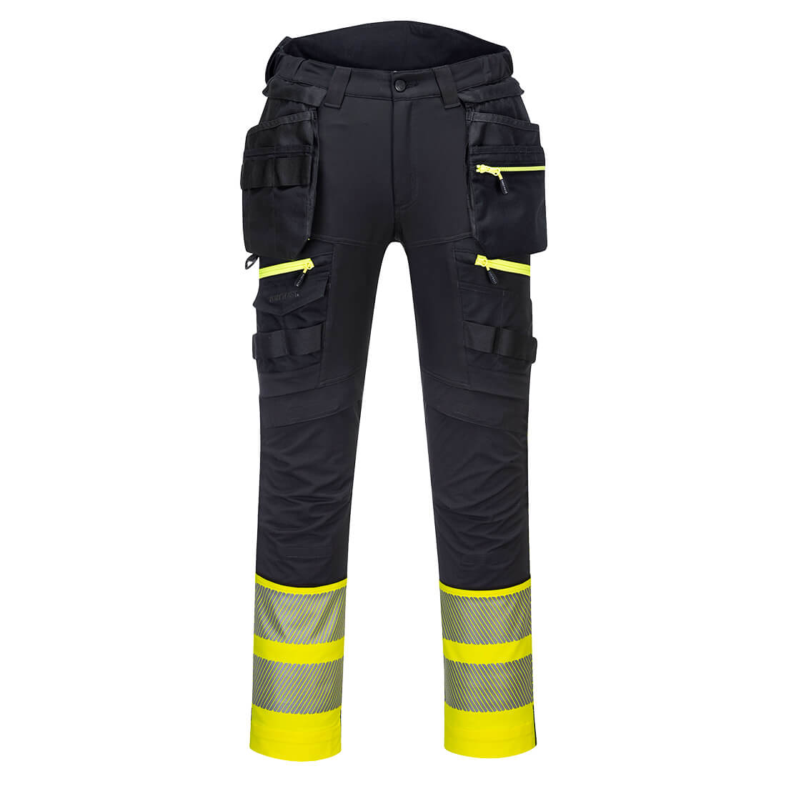 Warnschutzhose, schwarz mit gelben Reflektorstreifen und seitlichen Taschen