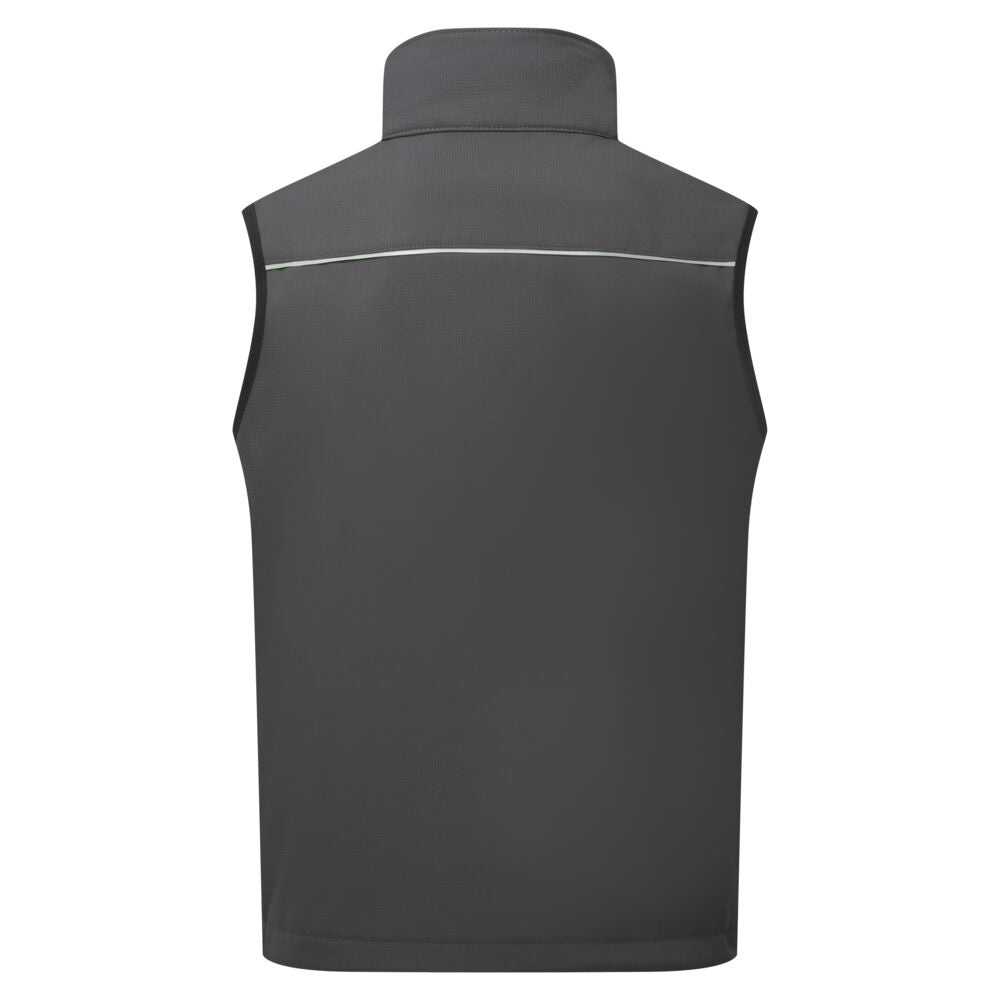 Dunkle Softshell-Weste, ärmellos, mit hohem Kragen und reflektierendem Mittelstreifen