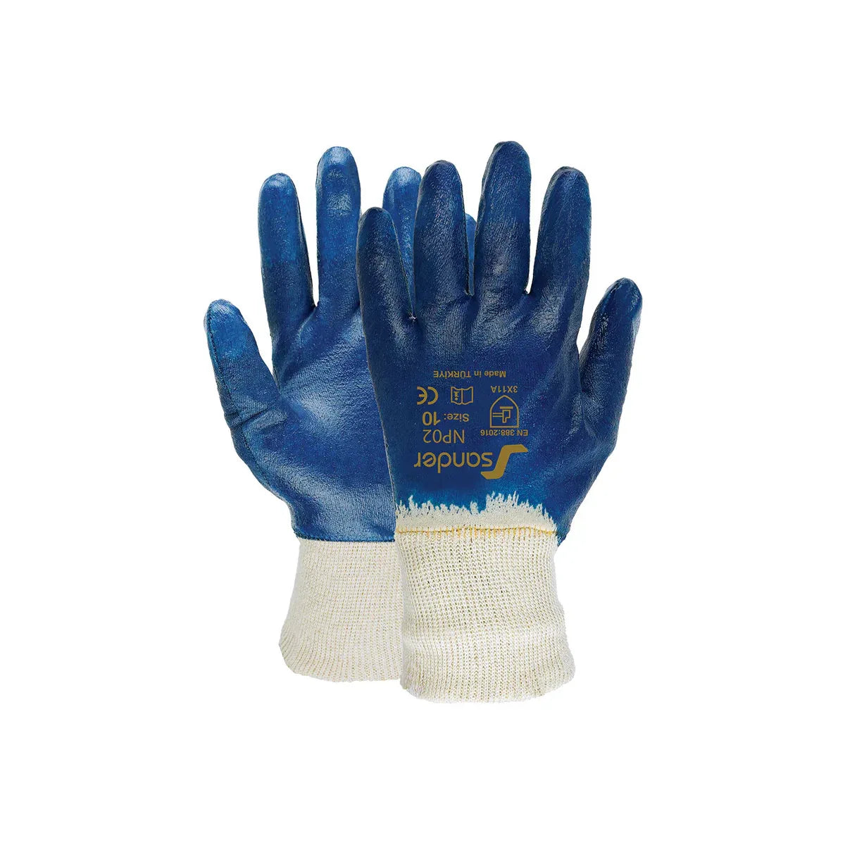 Vollbeschichteter Nitrilhandschuh, blau, mit weißem Strickbund