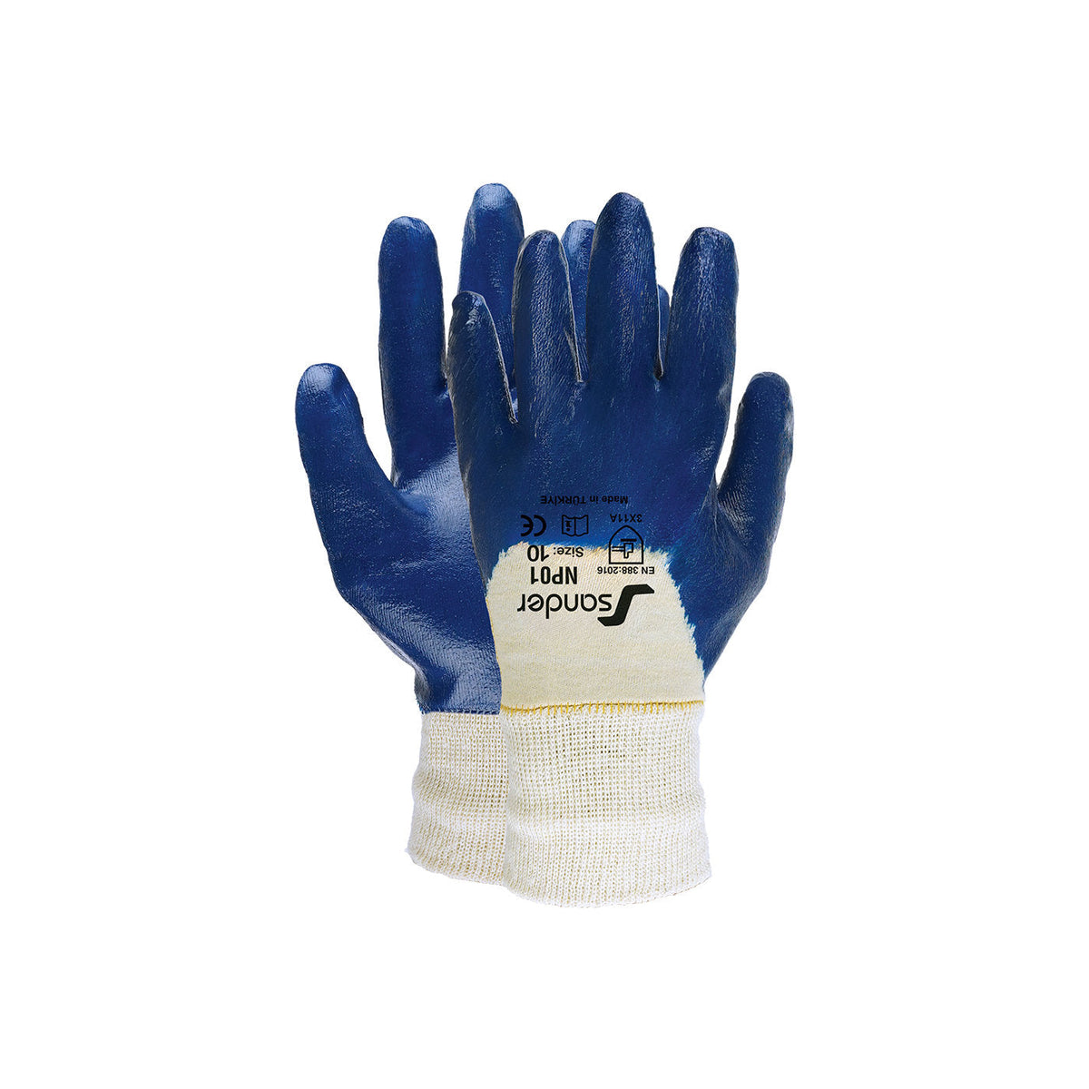 Blauer Nitrilhandschuh teilbeschichtet mit weißem Strickbund